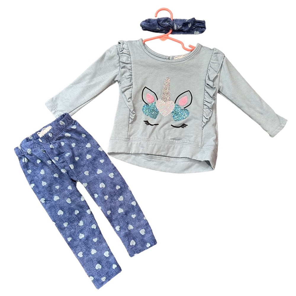 Btween 18 months girls 3 piece set sweater sweats and headband blue with unicorn